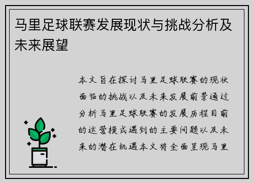 马里足球联赛发展现状与挑战分析及未来展望