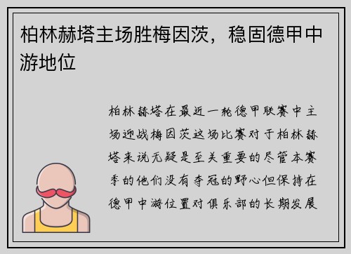 柏林赫塔主场胜梅因茨，稳固德甲中游地位