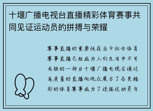 十堰广播电视台直播精彩体育赛事共同见证运动员的拼搏与荣耀