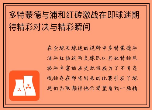 多特蒙德与浦和红砖激战在即球迷期待精彩对决与精彩瞬间